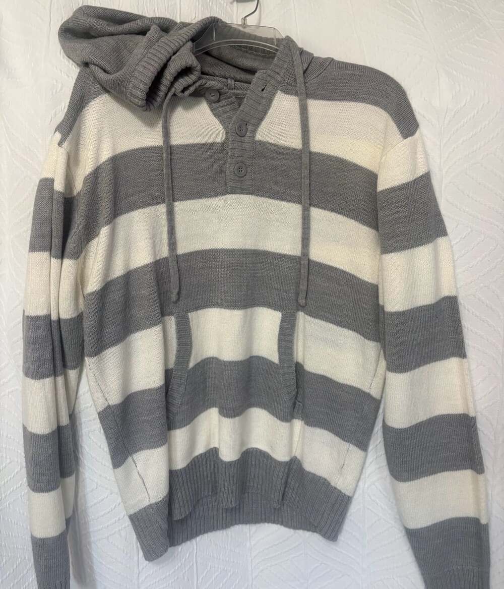 PJ Mark Gray And White Striped Acrylic Hooded Sweater With Buttons Size Large